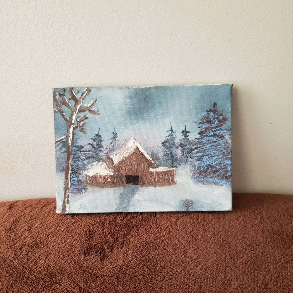 Hand Painted CanvasBob Ross Inspired Barn In Woods Hand Painted Snowy Evergreen